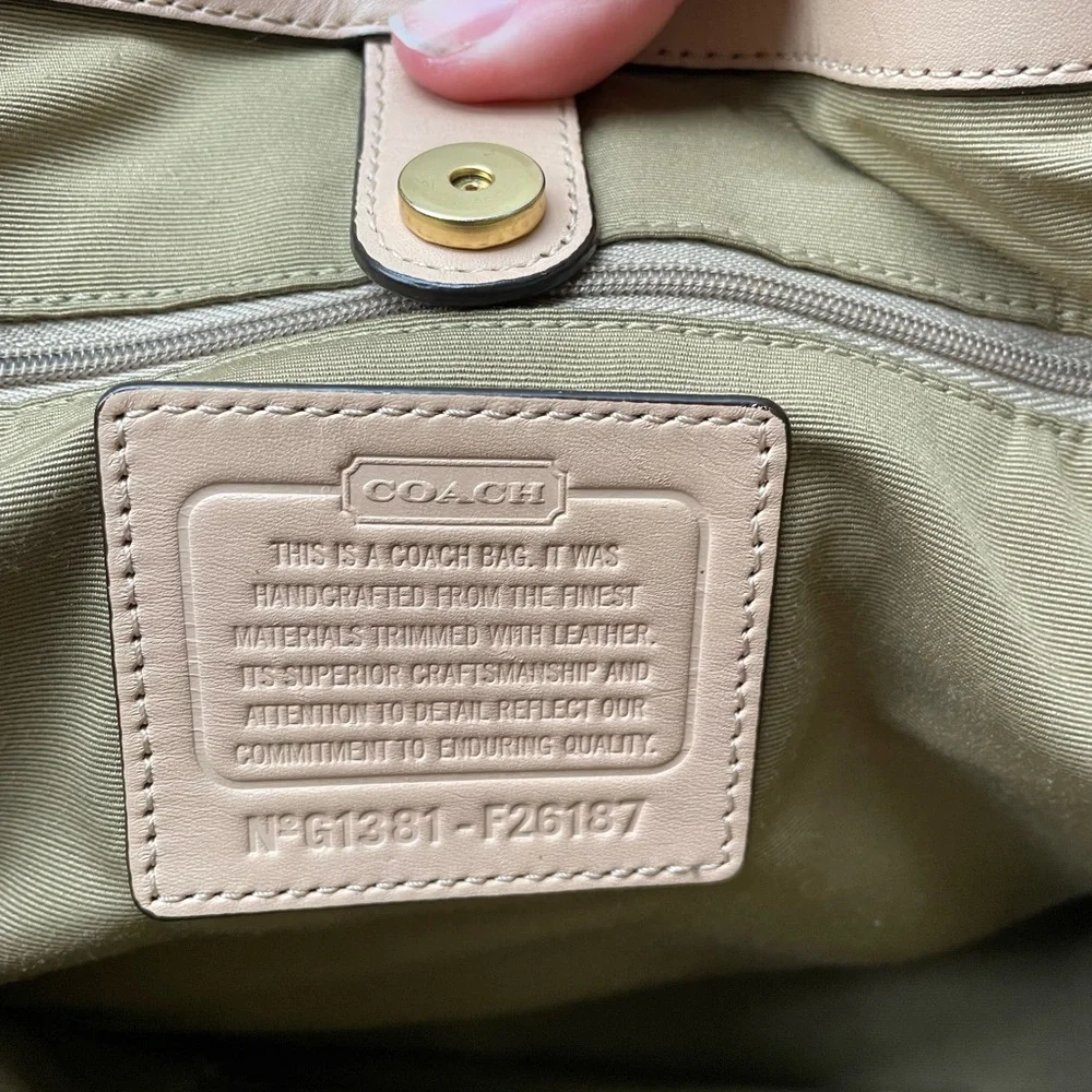 Coach Brown Signature Tote with Tan Handles and Red Tag